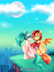 Size: 900x1201 | Tagged: safe, artist:wild-fluff, oc, oc only, bat pony, pegasus, pony, bat pony oc, duo, eye contact, female, looking at each other, moon, pegasus oc