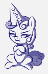 Size: 874x1344 | Tagged: safe, artist:heretichesh, sweetie belle, pony, unicorn, g4, crossed arms, dunce hat, female, filly, hat, monochrome, scrunchy face, simple background, sitting, sketch, solo