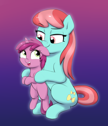 Size: 1616x1888 | Tagged: safe, artist:heretichesh, ruby pinch, strawberry ice, earth pony, pony, unicorn, g4, age difference, colored, duo, female, filly, holding a pony, looking at each other, mare, nervous, raised eyebrow, simple background