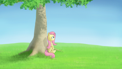 Size: 3840x2160 | Tagged: safe, artist:astralr, fluttershy, pegasus, pony, g4, female, folded wings, grass, high res, looking away, mare, outdoors, profile, raised hoof, sitting, sky, solo, tree, under the tree, wings