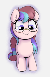 Size: 994x1516 | Tagged: safe, artist:heretichesh, oc, oc only, oc:fundip, earth pony, pony, colored, female, filly, glasses, looking down, simple background, solo