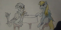 Size: 3264x1632 | Tagged: safe, artist:joey012, derpibooru exclusive, derpy hooves, gabby, griffon, pegasus, pony, g4, colored pencil drawing, duo, female, happy birthday mlp:fim, mare, mlp fim's eleventh anniversary, pen, quadrupedal, simple background, sitting, table, traditional art, white background