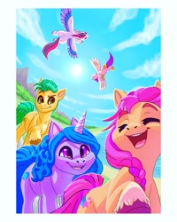 Size: 1080x1350 | Tagged: safe, artist:whizmi, hitch trailblazer, izzy moonbow, pipp petals, sunny starscout, zipp storm, earth pony, pegasus, pony, unicorn, g5, my little pony: a new generation, beach, eyes closed, female, flying, male, mane five, mare, ocean, open mouth, stallion, water