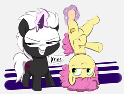 Size: 1502x1142 | Tagged: safe, artist:heretichesh, li'l cheese, oc, oc:s.leech, earth pony, pony, unicorn, g4, the last problem, bald face, blaze (coat marking), canon x oc, coat markings, colored, duo, evil grin, facial markings, female, filly, grin, hanging, hanging upside down, levitation, magic, magic aura, mine, simple background, smiling, telekinesis, upside down