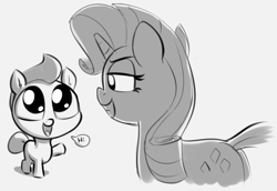 Size: 2210x1522 | Tagged: safe, artist:heretichesh, part of a set, rarity, earth pony, pony, unicorn, g4, cocolt, colt, dialogue, duo, female, introduction, looking at each other, male, mare, monochrome, sketch, waving
