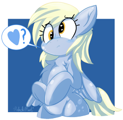 Size: 980x958 | Tagged: safe, artist:malachimoet, derpy hooves, pegasus, pony, g4, bipedal, chest fluff, female, heart, heart eyes, question mark, simple background, solo, speech bubble, transparent background, wingding eyes