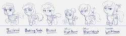 Size: 5052x1460 | Tagged: safe, artist:heretichesh, oc, oc:baking soda, oc:high beam, oc:jailbird, oc:lockdown, oc:night watch, oc:picket, bat pony, earth pony, pegasus, pony, unicorn, clothes, female, filly, flashlight (object), inmate, insomnia, jail, male, officer, uniform, warden