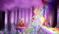 Size: 6000x3500 | Tagged: safe, artist:snowzaaah, applejack, rainbow dash, human, equestria girls, g4, ashleigh ball, duo, female, forest, humanized, lavender, lesbian, outstretched hand, ship:appledash, shipping, spirit, straight, voice actor joke, winged humanization, wings