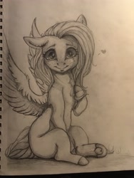 Size: 3024x4032 | Tagged: safe, artist:miokomata, fluttershy, pegasus, pony, g4, cute, female, floating heart, freckles, freckleshy, front view, full face view, heart, high res, hoof heart, hoof on chest, looking at you, mare, missing cutie mark, monochrome, one ear down, pencil drawing, raised hoof, shyabetes, sitting, smiling, solo, spread wings, traditional art, turned head, underhoof, wings