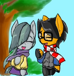 Size: 612x630 | Tagged: safe, artist:a.s.e, marble pie, oc, oc:a.s.e, semi-anthro, g4, arm hooves, canon x oc, clothes, duo, female, glasses, happy, love, male, ponysona, scarf, shipping, smiling, straight, striped scarf, tree, walking