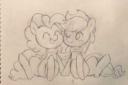 Size: 2048x1368 | Tagged: safe, artist:efuji_d, applejack, pinkie pie, earth pony, pony, g4, clothes, duo, eyes closed, female, mare, monochrome, one eye closed, open mouth, open smile, pencil drawing, scarf, shared clothing, shared scarf, sitting, smiling, traditional art