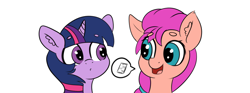 Size: 4000x1489 | Tagged: safe, artist:yelowcrom, sunny starscout, twilight sparkle, earth pony, pony, g4, g5, my little pony: a new generation, beanbrows, cellphone, duo, eyebrows, eyebrows visible through hair, female, g4 to g5, happy birthday mlp:fim, mare, mlp fim's eleventh anniversary, phone, simple background, smartphone, sunny and her heroine, white background