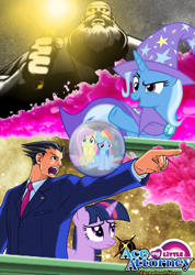 Size: 755x1058 | Tagged: safe, artist:turnaboutterror, fluttershy, rainbow dash, trixie, twilight sparkle, human, pegasus, pony, unicorn, g4, ace attorney, crossover, glowing, glowing eyes, phoenix wright, poster, unicorn twilight