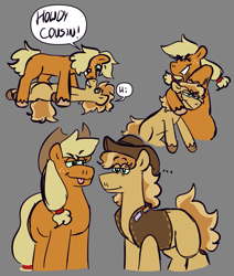 Size: 979x1155 | Tagged: safe, artist:tezzbot, applejack, braeburn, earth pony, pony, g4, :p, colt, colt braeburn, cousins, female, filly, filly applejack, gender headcanon, gray background, headcanon, lgbt headcanon, male, mare, missing cutie mark, noogie, pinned, pride, pride flag, simple background, stallion, tongue out, trans male, transgender, transgender pride flag, younger