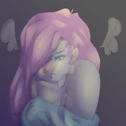 Size: 1280x1280 | Tagged: safe, artist:radomartxx01, fluttershy, equestria girls, g4, blushing, bust, clothes, deviantart watermark, female, floating wings, frown, gradient background, hair over one eye, looking away, looking down, obtrusive watermark, off shoulder, portrait, solo, watermark, wings