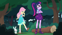 Size: 1280x720 | Tagged: artist needed, safe, angel bunny, fluttershy, sci-twi, twilight sparkle, equestria girls, g4, my little pony equestria girls: choose your own ending, stressed in show, stressed in show: fluttershy, clothes, female, fluttershy boho dress, sci-twi skirt, shrunken pupils, skirt