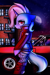 Size: 3333x5000 | Tagged: safe, artist:kranonetwork, trixie, pony, unicorn, g4, 1970s, 80s, bipedal, car, clothes, dodge (car), dodge charger, dutrot, eyelashes, female, fishnet stockings, horn, jacket, midriff, neon, night, night sky, poster, pride, pride flag, racecar, sky, socks, solo, stars, tail, thigh highs, trans female, trans trixie, transgender, transgender pride flag