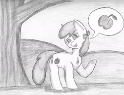 Size: 1280x988 | Tagged: safe, artist:bronyguard, apple bloom, earth pony, pony, g4, alternate cutie mark, female, filly, solo, speech bubble, traditional art, tree