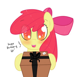 Size: 549x545 | Tagged: safe, artist:fribox, apple bloom, earth pony, pony, g4, blushing, female, filly, happy birthday, present, simple background, solo, text, white background