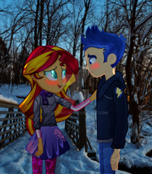 Size: 900x1030 | Tagged: safe, artist:fofurastro, flash sentry, sunset shimmer, equestria girls, g4, blushing, bridge, deviantart watermark, female, male, obtrusive watermark, real life background, ship:flashimmer, shipping, snow, straight, tree, watermark, winter