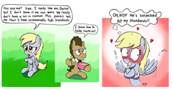 Size: 3130x1613 | Tagged: safe, artist:ebbysharp, derpy hooves, doctor whooves, time turner, earth pony, pegasus, pony, g4, blushing, blushing profusely, bowl, female, floating heart, grin, heart, lip bite, male, mare, papyrus (undertale), ship:doctorderpy, shipping, smiling, spread wings, stallion, straight, sweat, sweatdrops, undertale, video game reference, wingboner, wings