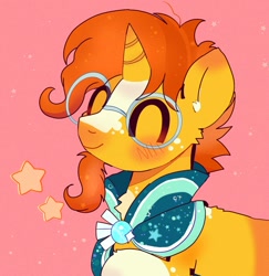 Size: 997x1024 | Tagged: safe, artist:bug-roux, sunburst, pony, unicorn, g4, ^^, cloak, clothes, cute, eyes closed, facial hair, glasses, goatee, happy, male, smiling, solo, stallion, stars, sunbetes, sunburst's cloak, sunburst's glasses