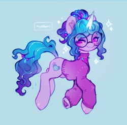 Size: 3174x3126 | Tagged: safe, artist:myscherri, izzy moonbow, pony, unicorn, g5, my little pony: a new generation, :3, alternate hairstyle, backwards cutie mark, blue background, clothes, cute, female, glasses, high res, izzybetes, jewelry, looking at you, mare, necklace, ponytail, round glasses, simple background, solo, sparkles, sweater