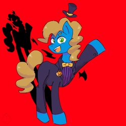 Size: 768x768 | Tagged: safe, artist:metaruscarlet, oc, oc only, oc:silly scribe, earth pony, pony, bowtie, clothes, halloween, hat, holiday, male, open mouth, pants, raised hoof, red background, shadow, shirt, simple background, solo, stallion, suit, top hat, waving