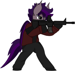 Size: 2300x2156 | Tagged: safe, artist:deltarainrum, oc, oc only, oc:delta rain, bat pony, semi-anthro, arm hooves, bipedal, clothes, gun, high res, simple background, solo, transparent background, weapon