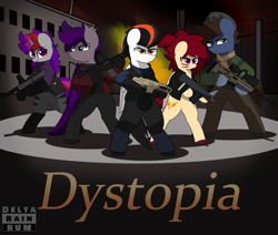 Size: 2600x2200 | Tagged: safe, artist:deltarainrum, oc, oc only, oc:artfire, oc:delta rain, oc:dewshine, oc:skylight, oc:whammy, bipedal, clothes, group, gun, high res, weapon