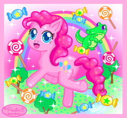 Size: 657x611 | Tagged: safe, artist:princess-peachie, gummy, pinkie pie, alligator, earth pony, pony, g4, candy, cute, diapinkes, female, food, lollipop, looking at you, rainbow, tree