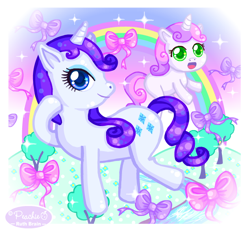 Size: 666x617 | Tagged: safe, artist:princess-peachie, rarity, sweetie belle, pony, unicorn, g4, bow, cute, female, hair bow, looking at you, rainbow, raribetes, tree, x0000 milestone