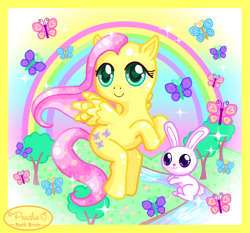 Size: 650x607 | Tagged: safe, artist:princess-peachie, angel bunny, fluttershy, butterfly, pegasus, pony, rabbit, g4, animal, cute, female, flying, looking at you, rainbow, shyabetes, tree