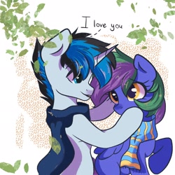 Size: 2048x2048 | Tagged: safe, artist:kristina, oc, oc only, oc:lishka, oc:solar gizmo, pegasus, pony, unicorn, clothes, couple, dialogue, duo, eyebrows, eyebrows visible through hair, eyelashes, female, high res, hoof on face, horn, i love you, looking at each other, male, mare, pegasus oc, scarf, shipping, simple background, stallion, two toned mane, unicorn oc
