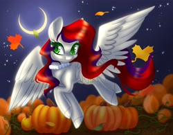 Size: 4230x3300 | Tagged: safe, artist:wicked-red-art, oc, oc only, oc:evening prose, pegasus, pony, female, freckles, jewelry, mare, moon, necklace, pearl necklace, pumpkin, solo