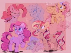 Size: 2048x1536 | Tagged: safe, artist:dreamz, fluttershy, pinkie pie, rainbow dash, sunset shimmer, pegasus, pony, unicorn, g4, :p, backwards ballcap, baseball cap, beanbrows, blushing, cap, chest fluff, cute, eyebrows, eyes closed, female, grin, hat, lesbian, mare, one eye closed, raised hoof, ship:sunsetpie, shipping, smiling, tongue out, wink