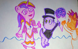 Size: 1280x814 | Tagged: safe, artist:dex stewart, princess cadance, scootaloo, spike, anthro, g4, bouquet, clothes, dress, female, flower, male, marriage, request, ship:scootaspike, shipping, straight, traditional art, wedding, wedding dress