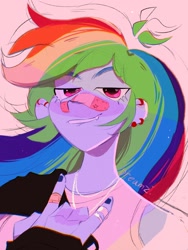 Size: 1536x2048 | Tagged: safe, alternate version, artist:dreamz, rainbow dash, equestria girls, g4, bandaid, bandaid on nose, bust, clothes, devil horn (gesture), ear piercing, earring, female, grin, icon, jewelry, lidded eyes, lip bite, nail polish, necklace, piercing, portrait, ring, simple background, smiling, solo, tank top