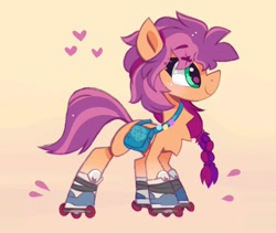 Size: 1500x1267 | Tagged: safe, artist:sugaryyflower, sunny starscout, earth pony, pony, g5, my little pony: a new generation, abstract background, bag, braid, chest fluff, female, heart, looking up, mare, plait, ponytail, roller skates, rollerblades, simple background, smiling, solo, standing