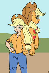 Size: 2000x3000 | Tagged: safe, artist:mkogwheel, applejack, earth pony, human, pony, g4, applebutt, butt, duo, explicit source, female, frog (hoof), hand on hip, high res, holding a pony, human ponidox, humanized, mare, open mouth, open smile, plot, self ponidox, smiling, underhoof