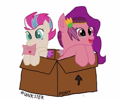 Size: 3334x2901 | Tagged: safe, pipp petals, zipp storm, pegasus, pony, g5, my little pony: a new generation, box, female, high res, open mouth, pony in a box, siblings, simple background, sisters, white background