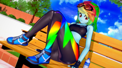 Size: 1920x1080 | Tagged: safe, artist:ratachu666, rainbow dash, equestria girls, g4, 3d, ass, bench, breasts, butt, clothes, female, koikatsu, looking at you, sexy, sitting, smiling, solo, sports bra, stupid sexy rainbow dash