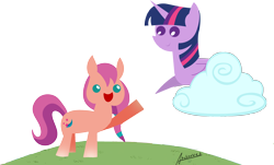 Size: 2672x1610 | Tagged: safe, artist:archooves, sunny starscout, twilight sparkle, alicorn, angel, earth pony, pony, g5, my little pony: a new generation, cloud, female, goddess, happy birthday mlp:fim, heaven, mlp fim's eleventh anniversary, pointy ponies, simple background, sunny and her heroine, transparent background