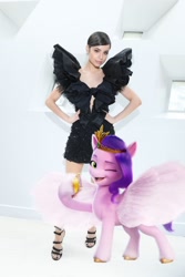 Size: 716x1072 | Tagged: safe, edit, pipp petals, human, pegasus, pony, g5, my little pony: a new generation, irl, irl human, photo, simple background, sofia carson, voice actor, white background