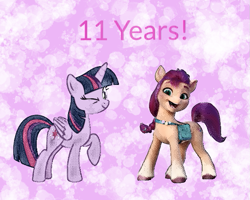 Size: 639x511 | Tagged: safe, artist:rainofbladess, sunny starscout, twilight sparkle, alicorn, earth pony, pony, g5, my little pony: a new generation, abstract background, badge, bag, colorful, duo, duo female, female, happy birthday mlp:fim, looking at you, mlp fim's eleventh anniversary, one eye closed, smiling, twilight sparkle (alicorn), wink