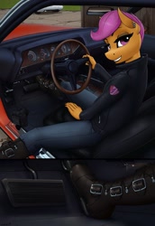 Size: 2480x3600 | Tagged: safe, artist:apocheck13, scootaloo, anthro, g4, boots, camera, car, clothes, cutie mark, cutie mark on clothes, female, grin, high res, jacket, jeans, leather, leather boots, leather jacket, looking at you, looking back, looking back at you, older, older scootaloo, pants, pedal, plymouth hemi cuda, punk, shoes, sitting, smiling, smiling at you, solo, tomboy