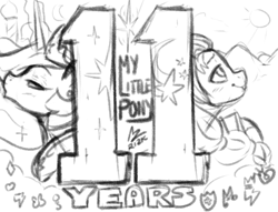 Size: 2600x1986 | Tagged: safe, artist:aer0 zer0, sunny starscout, twilight sparkle, alicorn, earth pony, pony, g5, my little pony: a new generation, the last problem, crown, happy birthday mlp:fim, jewelry, mlp fim's eleventh anniversary, monochrome, older, older twilight, older twilight sparkle (alicorn), princess twilight 2.0, regalia, twilight sparkle (alicorn)