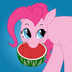 Size: 900x900 | Tagged: safe, artist:pony quarantine, pinkie pie, earth pony, pony, g4, female, food, herbivore, mare, mouth hold, ponified animal photo, solo, watermelon