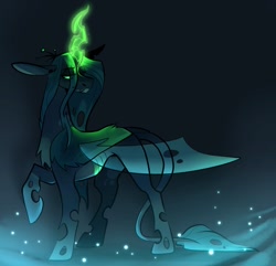 Size: 1295x1250 | Tagged: safe, artist:rockin_candies, queen chrysalis, changeling, changeling queen, firefly (insect), insect, g4, alternate design, chest fluff, crown, dark background, female, glowing, glowing eyes, glowing horn, horn, jewelry, leonine tail, looking back, raised hoof, regalia, solo, spots, tail, wings