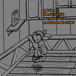 Size: 1000x1000 | Tagged: safe, artist:technocolt, apple bloom, earth pony, pony, g4, butt, cereal, clothes, female, filly, food, grayscale, implied applejack, jumping, mare, monochrome, moon shoes, newbie artist training grounds, offscreen character, plot, shoes, solo